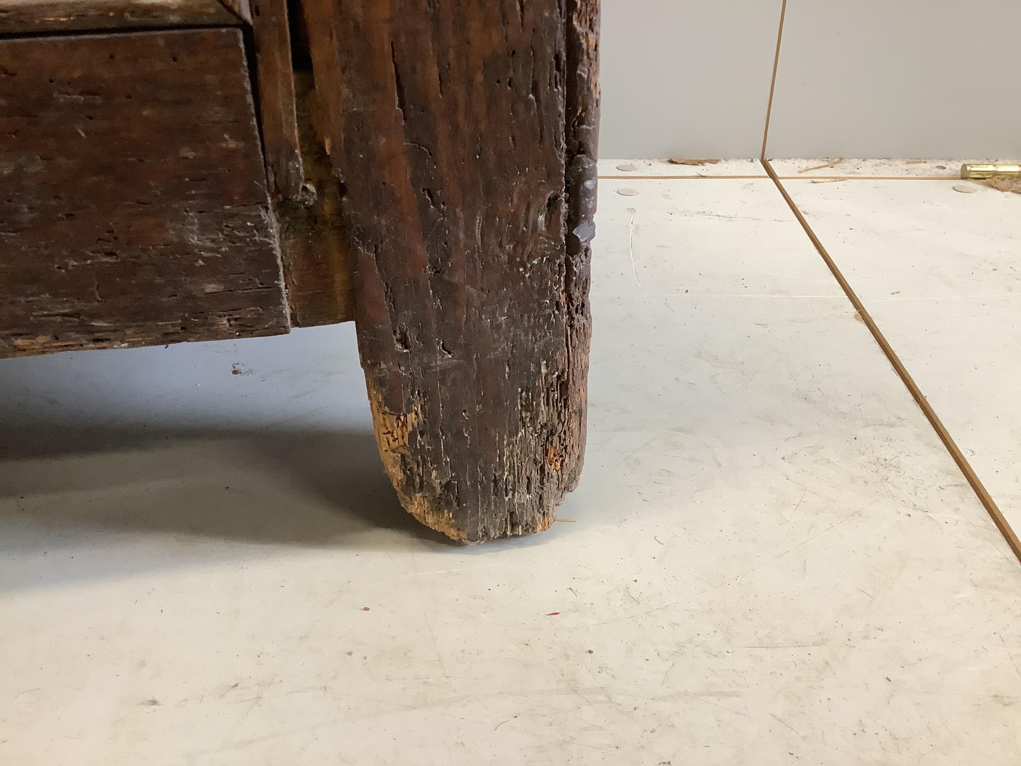 An 18th century panelled pine coffer, width 112cm, depth 41cm, height 50cm